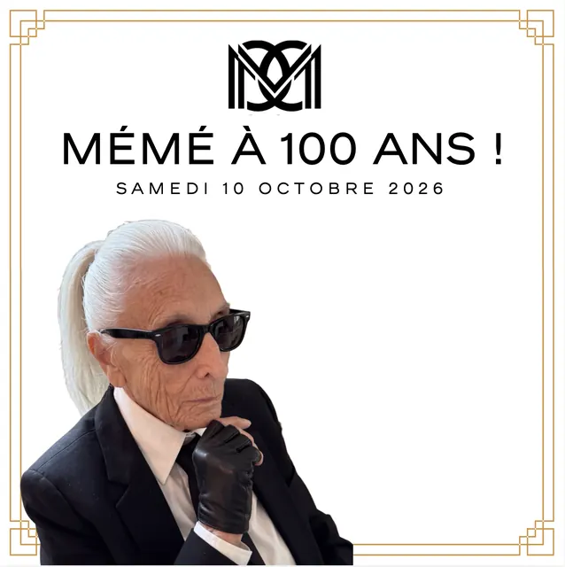 Party invitation: “Mémé à 100 ans !”, with Mémé's portrait in dark sunglasses