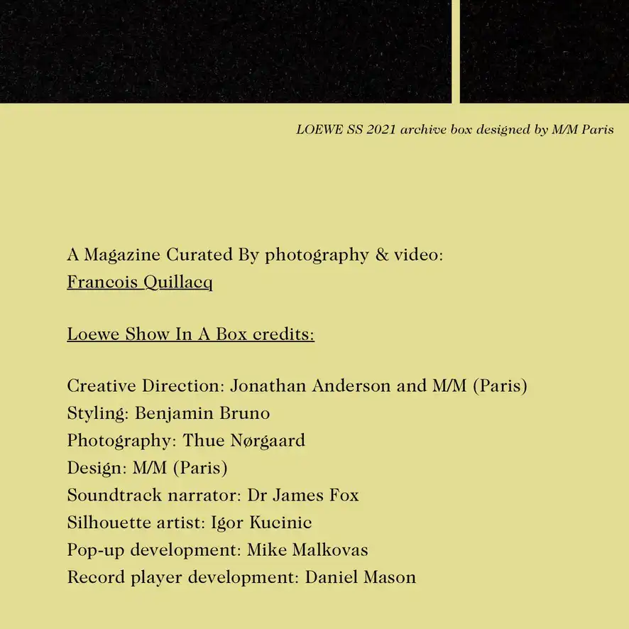 Credits page for the LOEWE ‘Show in a Box’, listing Igor Kucinic as the silhouette artist alongside the creative team